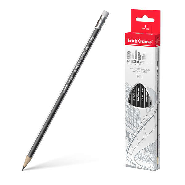 Erichkrause Megapolis HB - Lapiz de Grafito Triangular con Goma de Borrar - Madera Seleccionada - Dureza HB - Resistente al Impacto - Facil Afilado - No Araña El Papel - Borrador de Dureza Media - Caucho Termoplastico Hipoalergenico - Color Negro · Pack d