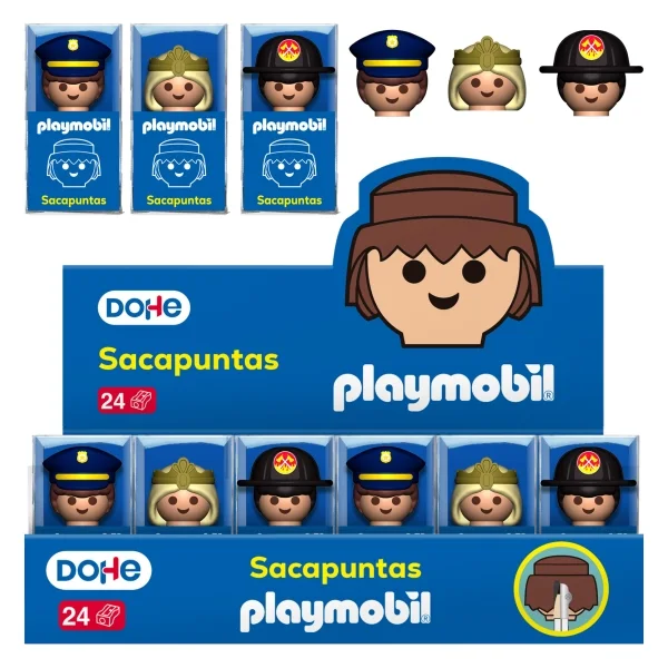Dohe Playmobil Expositor con 24 Sacapuntas de 1 Orificio y Cuchilla de Acero - Decorados Playmobil Policia, Bombero y Princesa