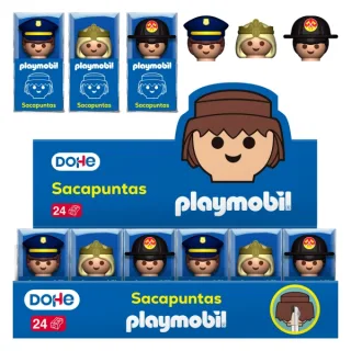 Dohe Playmobil Expositor con 24 Sacapuntas de 1 Orificio y Cuchilla de Acero - Decorados Playmobil Policia, Bombero y Princesa