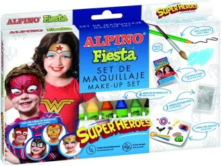 Alpino Fiesta Superheroes Pack de Maquillaje con 6 Barritas de Pintura Facial + Pincel + Tatuajes en Calcomania + Lapiz Perfilador y 2 Sobres de Purpurina - Se Lava con Agua - Testado Dermat