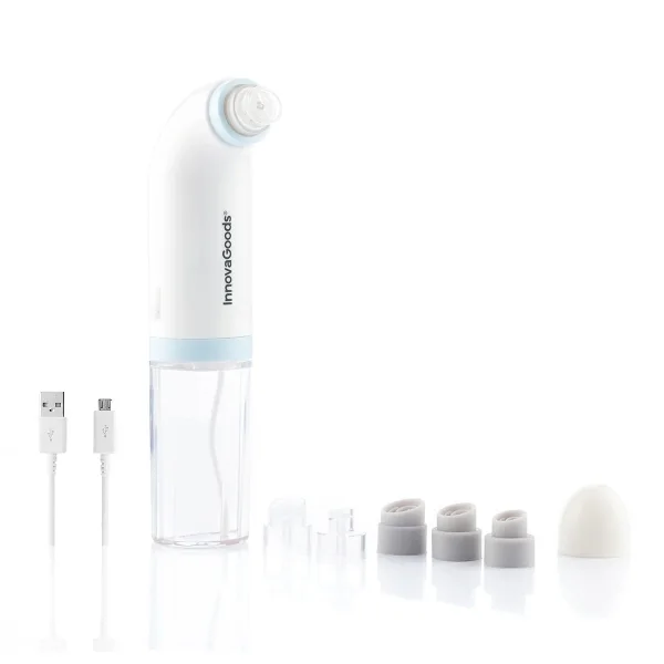 Innovagoods Hyser Hidrolimpiador Facial de Impurezas Recargable - Bateria 400mAh - 2 Depositos de 40ml - Cable 80cm - Recargable - Cabezales Incluidos - 20.5x8cm - Color Blanco