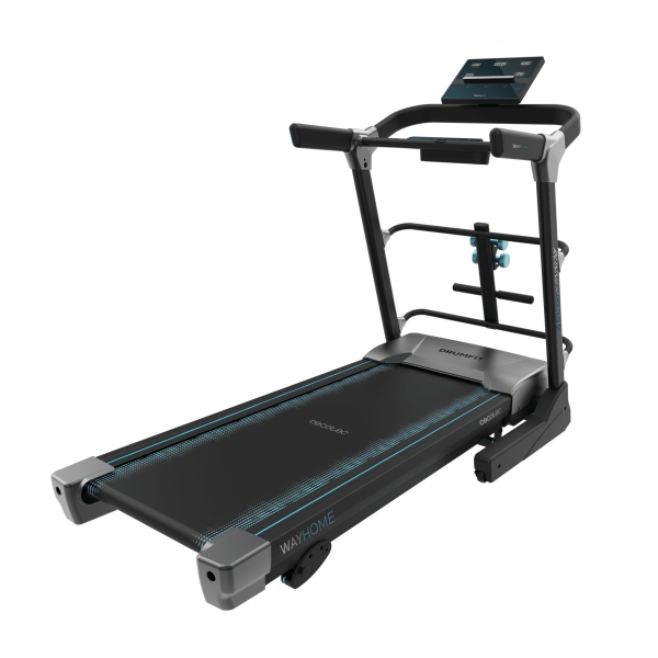 Cecotec DrumFit WayHome 1800 Runner Sprint Cinta de Correr - 2200W - Velocidad hasta 18km/h - Amortiguacion - Mancuernas y Barra - Plegable - 12 Programas - Superficie 133x46cm - Color Negro