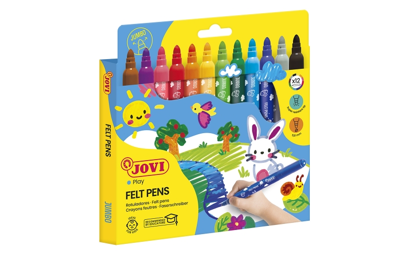 Jovi Pack de 12 Rotuladores Jumbo - Punta de 5.8mm - Trazo Grueso - Amplia Variedad de Tonos - Tinta de Gran Fijacion - Capuchon de Seguridad Ventilado - Colores Surtidos