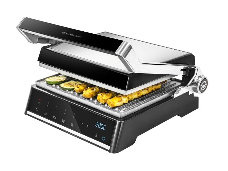 Cecotec Rock’nGrill Smart Parrilla Electrica - 2000W - Sistema Autocook - Revestimiento Antiadherente - Apertura 180º - Placas Desmontables - Rango de 150 a 230°C - 28.5x22.5cm - Acero Inoxi