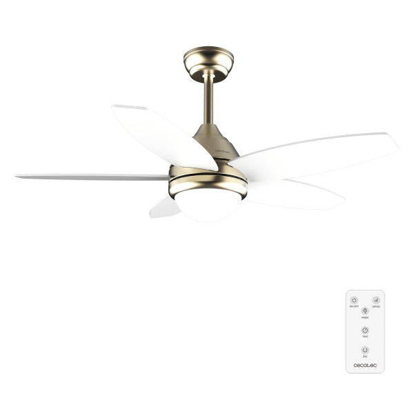 Cecotec EnergySilence Aero 4200 GoldWhiteWood Ventilador de Techo con 5 Aspas y Luz - 53W - Diametro de 42" - 3 Tonos LED - Temporizador - 3 Velocidades - Modo Invierno - Color Blanco y Dora