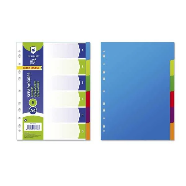 Bismark Pack de 6 Separadores - Tamaño A4 - Extragruesos - Fabricado en Polipropileno - Colores Surtidos