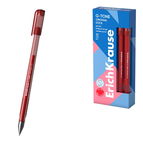 ErichKrause G-Tone Stick Original Boligrafo con Capuchon - Punta de 0.5mm - Trazo 0.4mm - Tinta de Gel - Resistente al Agua - Secado Rapido - Tapa Ventilada - Color Rojo · Pack de 12 uds.