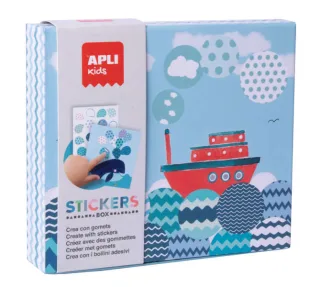 Apli Kids Juego de Gomets Barco - 8 Laminas Ilustradas de 200G - 8 Hojas de Gomets Removibles Geometricos - Libro Guia con Ejemplos - Alto Valor Didactico - Caja de Carton con Diseño Exclusi