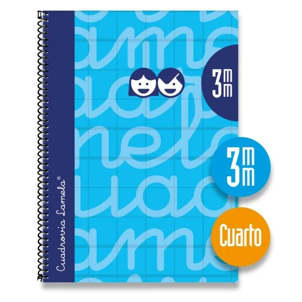 Lamela Cuaderno Espiral con 80 Hojas de 70g/m2 con Margen - Formato Cuarto - Pauta Cuadrovia de 3mm - Cubierta Extra Dura - Papel Offset Blanco Extra - Color Azul