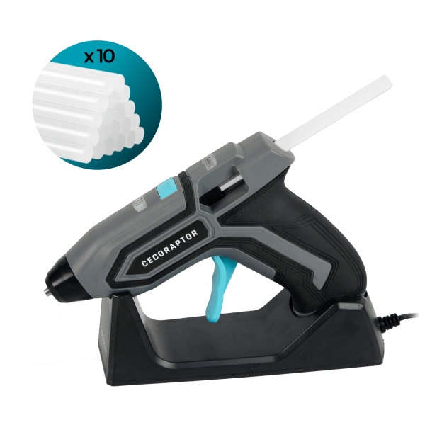 Cecotec CecoRaptor Perfect Fix 360 X‑Treme Pistola de Cola Termofusible - Autonomia 30min - Base de Carga - Bateria 1.5Ah 3.7V - Incluye 10 Barras - Apagado Automatico - Color Negro y Gris