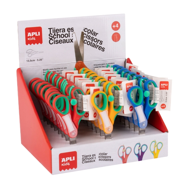 Apli Kids Expositor con 24 Tijeras Escolares 13 cm - Punta Redondeada - Ergonomicas - Espacio para el Nombre - Uso Ambidiestro - Colores Surtidos
