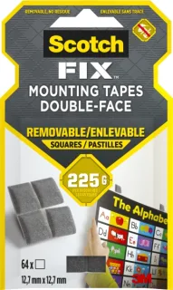 Scotch-Fix Pack de 64 Cuadrados Adhesivos de Doble Cara Reutilizables - 12.7mm x 12.7mm - Color Gris