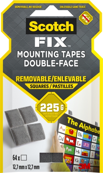 Scotch-Fix Pack de 64 Cuadrados Adhesivos de Doble Cara Reutilizables - 12.7mm x 12.7mm - Color Gris