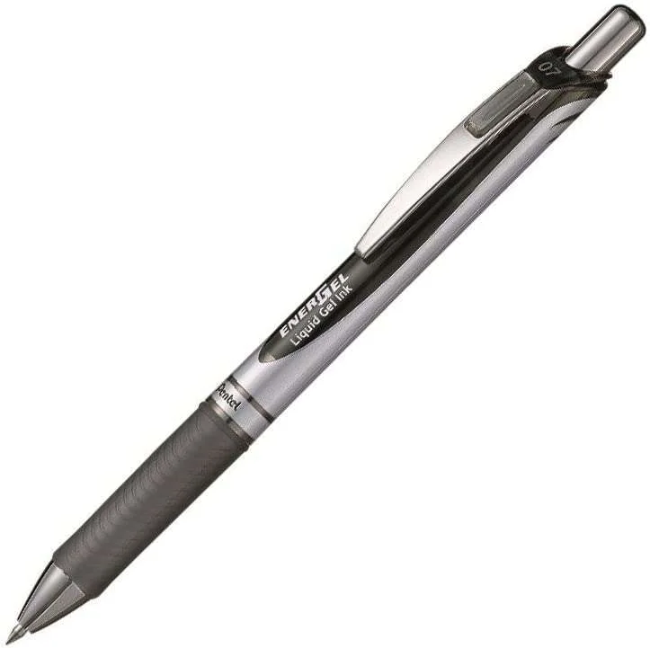Pentel Energel Boligrafo de Bola Retractil - Punta 0.7mm - Trazo 0.35mm - Tinta Gel - Recargable - Grip de Agarre - Clip de Metal - 50% de Materiales Reciclados - Color Negro · Pack de 12 uds.