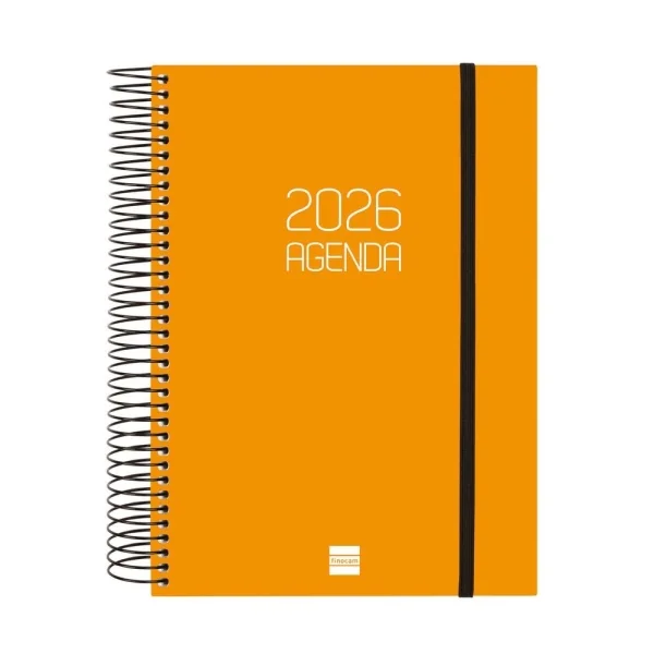 Finocam Opaque Agenda de Espiral - Anual 2026 - Tapa Ligera - Cierre con Goma Elastica - Formato E10 - 175x29x212mm - 1 Dia por Pagina - Color Naranja