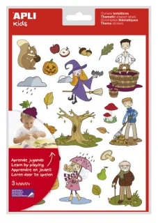 Apli Bolsa de Gomets Tematicos el Otoño - 72 Gomets en 3 Hojas - Adhesivo Removible - Ilustraciones Educativas - Adhesivo Base Agua - Libre de Disolventes - Coloridos