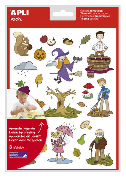 Apli Bolsa de Gomets Tematicos el Otoño - 72 Gomets en 3 Hojas - Adhesivo Removible - Ilustraciones Educativas - Adhesivo Base Agua - Libre de Disolventes - Coloridos
