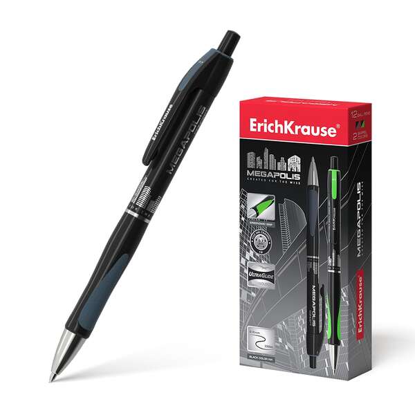 Erichkrause Boligrafo Automatico Megapolis Concept - Cuerpo Satinado Redondo - Zona de Agarre Ergonomica - Punta de 5 Canales - Tinta de Secado Rapido - Color Negro · Pack de 12 uds.