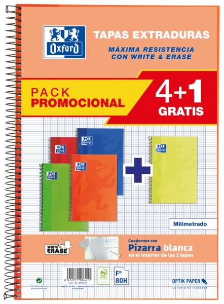 Oxford School Classic Write&Erase Pack de 5 Cuadernos Espiral Tapa Extradura - Tamaño Folio - Milimetrado con Margen - 80 Hojas - Colores Surtidos