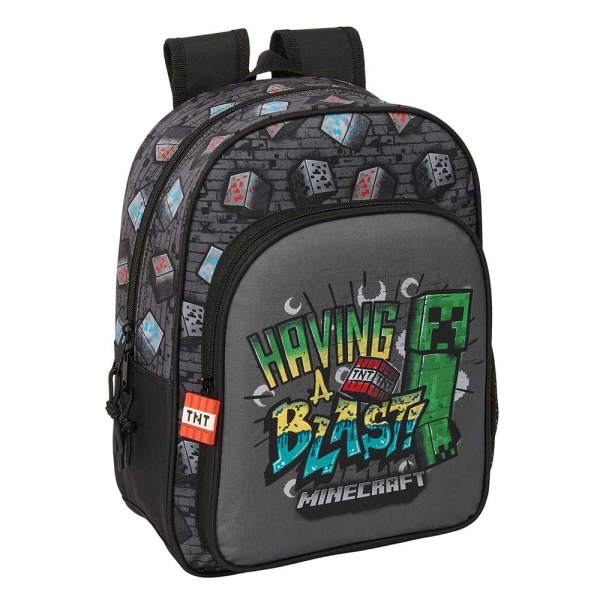 Safta Minecraft Graffiti Mochila Infantil - Portabotellas - Bolsillo Frontal - Adaptable a Carro - Hombreras Acolchadas - 26x34x11cm - Color Gris