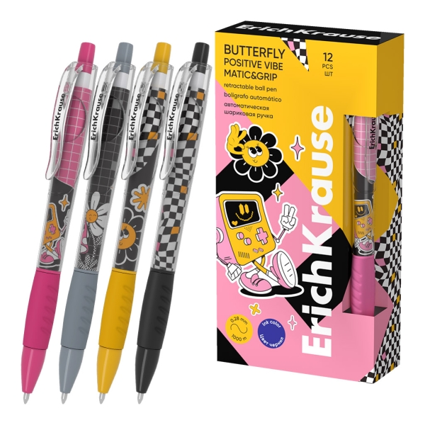 ErichKrause Butterfly Matic and Grip Positive Vibe Boligrafo Retractil - Modelos Surtidos - Trazo 0.28mm - Zona de Agarre de Goma - Color Azul · Pack de 12 uds.