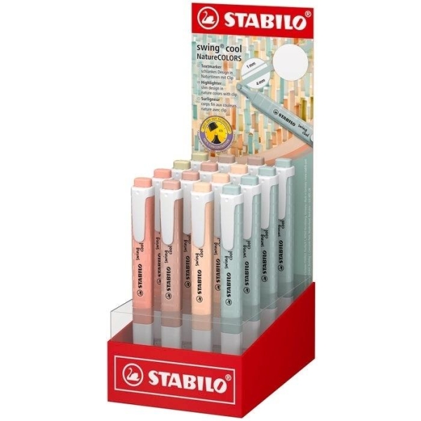 Stabilo Swing Cool Naturecolors Expositor con 16 Marcadores Fluorescentes - Cuerpo Plano - Punta Biselada - Trazo entre 1 y 4mm - Tinta con Base de Agua - Antisecado - Colores Surtidos