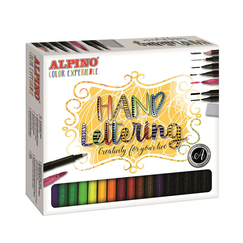 Alpino Color Experience Pack de 24 Rotuladores Hand Lettering + 1 Rotulador Punta Super Pincel, 1 Rotulador Punta Fina, 1 Rotulador Doble Punta, 1 Lapiz de Grafito y 1 Goma - Colores Surtido
