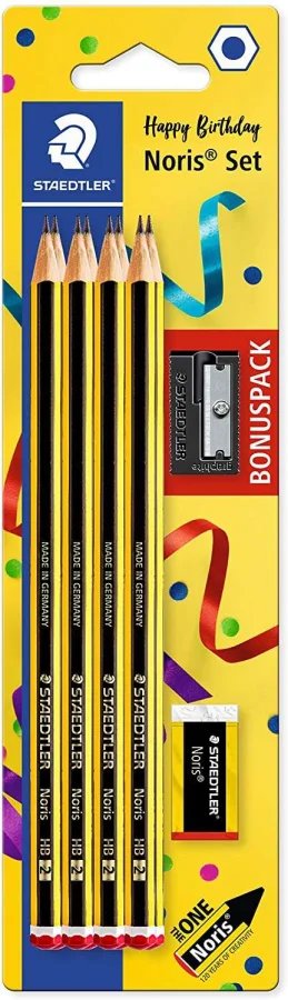 Staedtler Noris 120 Pack de 8 Lapices de Grafito Hexagonales + Goma de Borrar + Sacapuntas - Mina HB Ultrarresistente de 2mm - Madera de Bosques Sostenibles