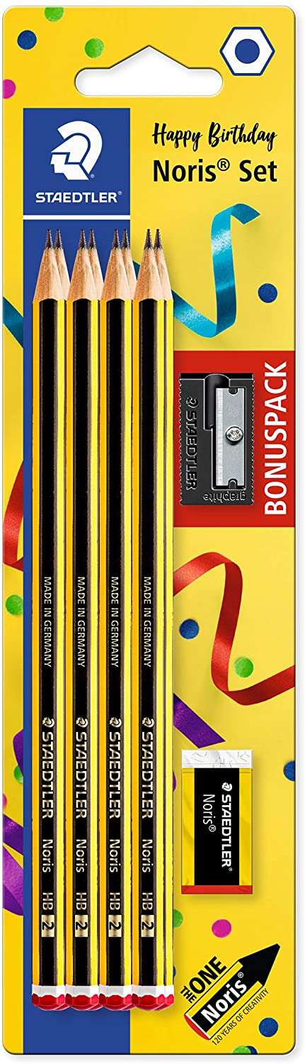 Staedtler Noris 120 Pack de 8 Lapices de Grafito Hexagonales + Goma de Borrar + Sacapuntas - Mina HB Ultrarresistente de 2mm - Madera de Bosques Sostenibles