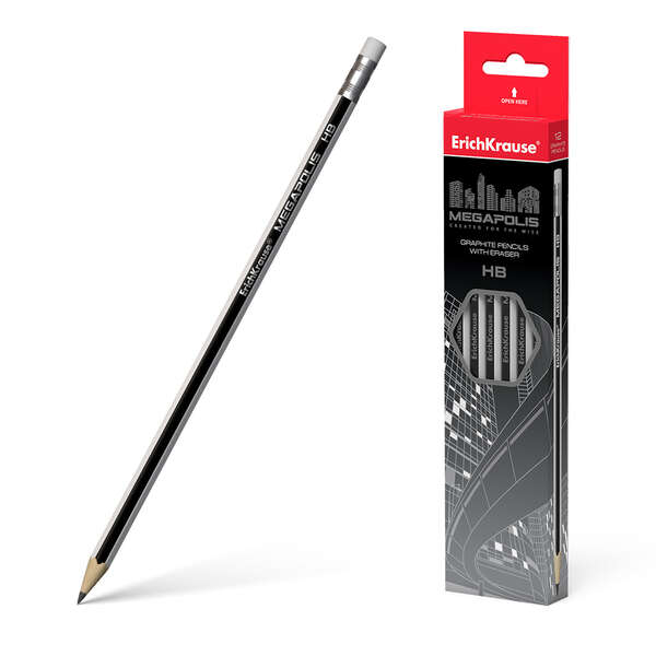 Erichkrause Lapiz de Grafito Hexagonal con Goma de Borrar Megapolis HB - Madera Seleccionada - Alta Resistencia al Impacto - Facil Afilado - Caucho Termoplastico Hipoalergenico - Color Negro · Pack de 12 uds.