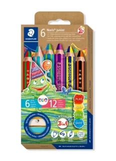 Staedtler Noris Junior Pack de 6 Lapices de Colores Extragruesos Duo + Sacapuntas - 3 en 1, Lapiz, Cera y Acuarelable - 2 Colores en cada Lapiz - Colores Surtidos