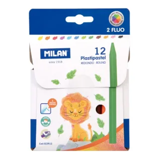 Milan Plastipastel Pack de 12 Ceras de Colores Redondas - Contiene 2 Ceras Fluo - Colores Surtidos