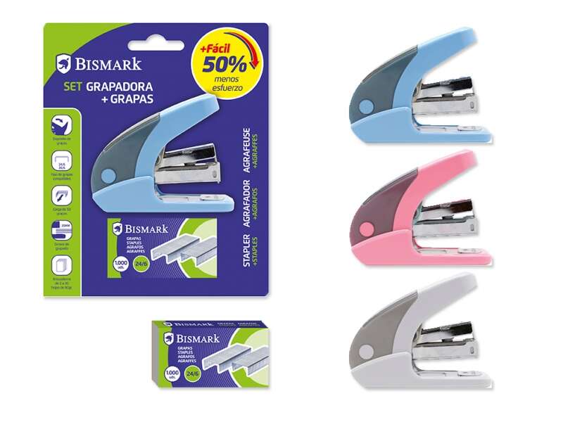 Bismark Grapadora sin Esfuerzo - Sistema Revolucionario - 50% Menos Esfuerzo - Incluye Grapas - Colores Surtidos