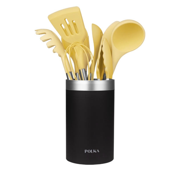 Cecotec Polka Experience Vulcano Pack de 9 Utensilios de Cocina - Mango de Acero y Caucho Termoplastico - Silicona Antiadherente - Resistente hasta 220°C - Soporte - Libre de BPA - Color Ama