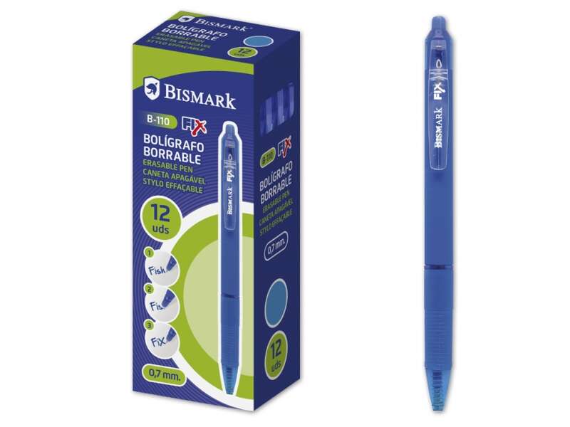 Bismark Boligrafo Borrable con Clip - Punta de 0.7 mm - Grip de Goma - Color Azul · Pack de 12 uds.
