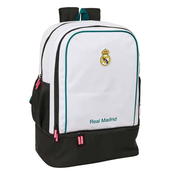 Safta Real Madrid Equipacion 26/27 Mochila - Bolsillo Frontal - Hombreras y Espalda Acolchada - Portabotellas - Cremallera con Doble Tirador - Asa de Mano - 35x50x24cm - Color Blanco y Negro