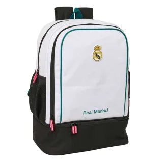 Safta Real Madrid Equipacion 26/27 Mochila - Bolsillo Frontal - Hombreras y Espalda Acolchada - Portabotellas - Cremallera con Doble Tirador - Asa de Mano - 35x50x24cm - Color Blanco y Negro