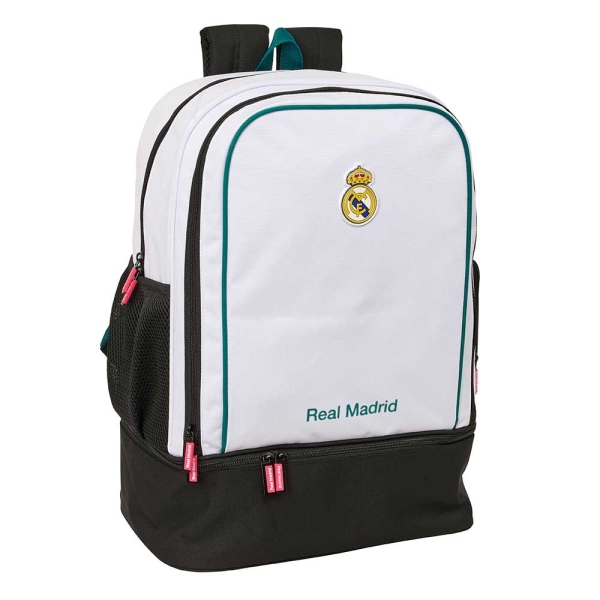 Safta Real Madrid Equipacion 26/27 Mochila - Bolsillo Frontal - Hombreras y Espalda Acolchada - Portabotellas - Cremallera con Doble Tirador - Asa de Mano - 35x50x24cm - Color Blanco y Negro