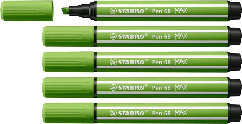 Stabilo Pen 68 MAX Rotulador - Punta de Fibra Biselada - Trazo entre 1-5mm aprox. - Tinta a Base de Agua - Color Verde Claro · Pack de 5 uds.