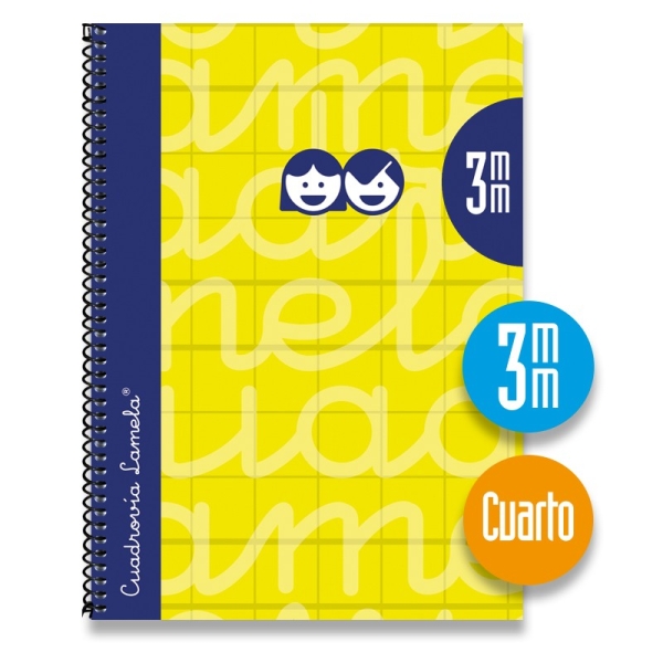 Lamela Cuaderno Espiral con 80 Hojas de 90g/m2 con Margen - Formato Cuarto - Pauta Cuadrovia de 3mm - Cubierta Extra Dura - Papel Offset Blanco Extra - Color Amarillo