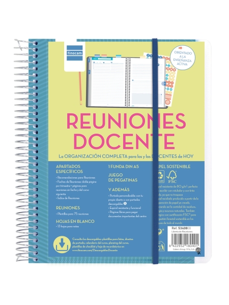 Finocam Organizacion Planificador de Reuniones sin Fechar para Docentes - Formato 4º - 155x212mm - Tapas de Polipropileno - Papel de 80g/m2 - Espiral Metalica - Color Azul