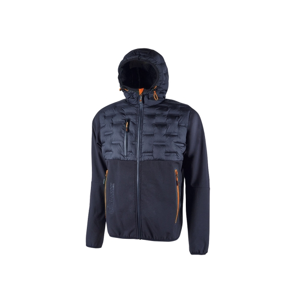 Upower Spock Chaqueta Hibrida Transpirable y Antiviento - Talla 2XL - Cremallera Impermeable, Capucha Ajustable, Acolchado sin Costuras, Bolsillos con Cierres Fluorescentes, Proteccion DPI1 - Color Azul Marino