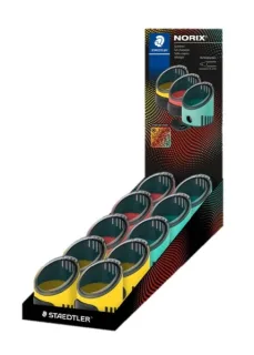 Staedtler Norix Expositor de 10 Sacapuntas con Deposito - 1 Agujero para Lapices de hasta Ø 8,2mm - Colores Surtidos