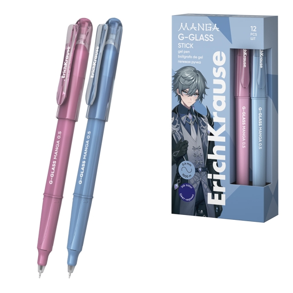 ErichKrause G-Glass Stick Manga Boligrafo con Capuchon - Modelos Surtidos - Trazo 0.4mm - Tinta de Gel - Resistente al Agua - Secado Rapido - Tapa Ventilada - Color Azul · Pack de 12 uds.