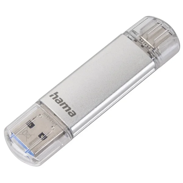 Hama Laeta Memoria Pendrive USB 3.0 con Tapa - 64GB de Capacidad - 40Mb/s de Transferencia - Funcion OTG - USB-C - USB-A - Cuerpo Metalico - Color Plata