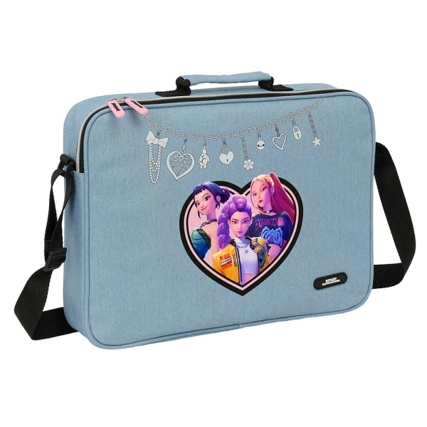 Safta K-Pop Demon Hunters Huntr/X Maletin con Cremallera - Bandolera Ajustable - Asa Forrada - Doble Tirador - Fondo Semirigido - 38x28x6cm - Color Azul Claro