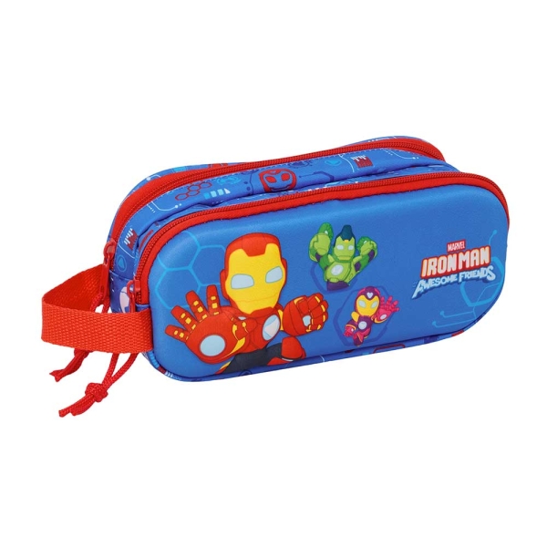 Safta Iron Man Portatodo 3D - 2 Compartimentos con Cremallera - Asa Lateral - Capacidad 1L - 21x8x6cm - Color Azul Oscuro