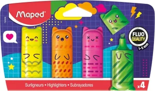 Maped Kawaii Pack con 4 Mini Marcadores Fluorescentes Neon - Divertidos Diseños Kawaii - Trazo de 1 a 5mm - Ideal para Subrayar y Resaltar - Colores Surtidos