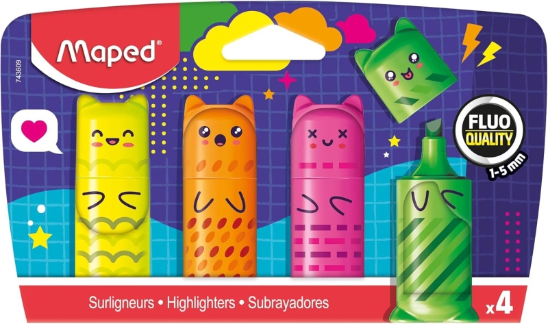 Maped Kawaii Pack con 4 Mini Marcadores Fluorescentes Neon - Divertidos Diseños Kawaii - Trazo de 1 a 5mm - Ideal para Subrayar y Resaltar - Colores Surtidos