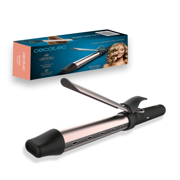 Cecotec Bamba SurfCare Curly Sphere Rizador de 28mm - Iones Negativos - Rizos Amplios y Naturales - Pantalla LED de Temperatura - Rango de 120 a 210°C - Cable 360º - Autoapagado - Color Negr